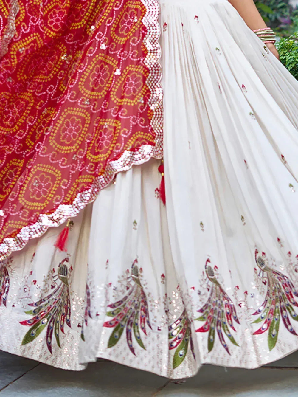 White lehenga with peacock embroidery and red dupatta, Indian ethnic wear