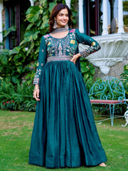 Unique Blue Thread Embroidered Silk Function Wear Gown With Dupatta