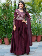 Attractive Wine Sequins Silk Festival Wear Gown With Dupatta