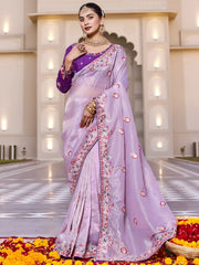 Pretty Lavender Thread Embroidered Silk Festival Wear Saree With Blouse