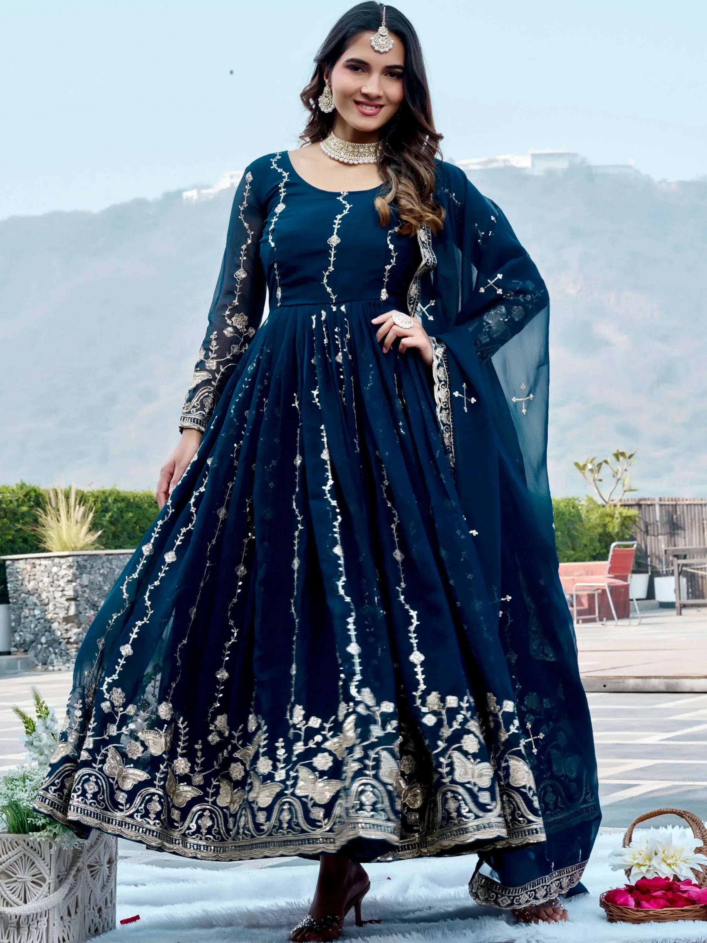Classic Teal Blue Sequins Georgette Festive Wear Gown With Dupatta