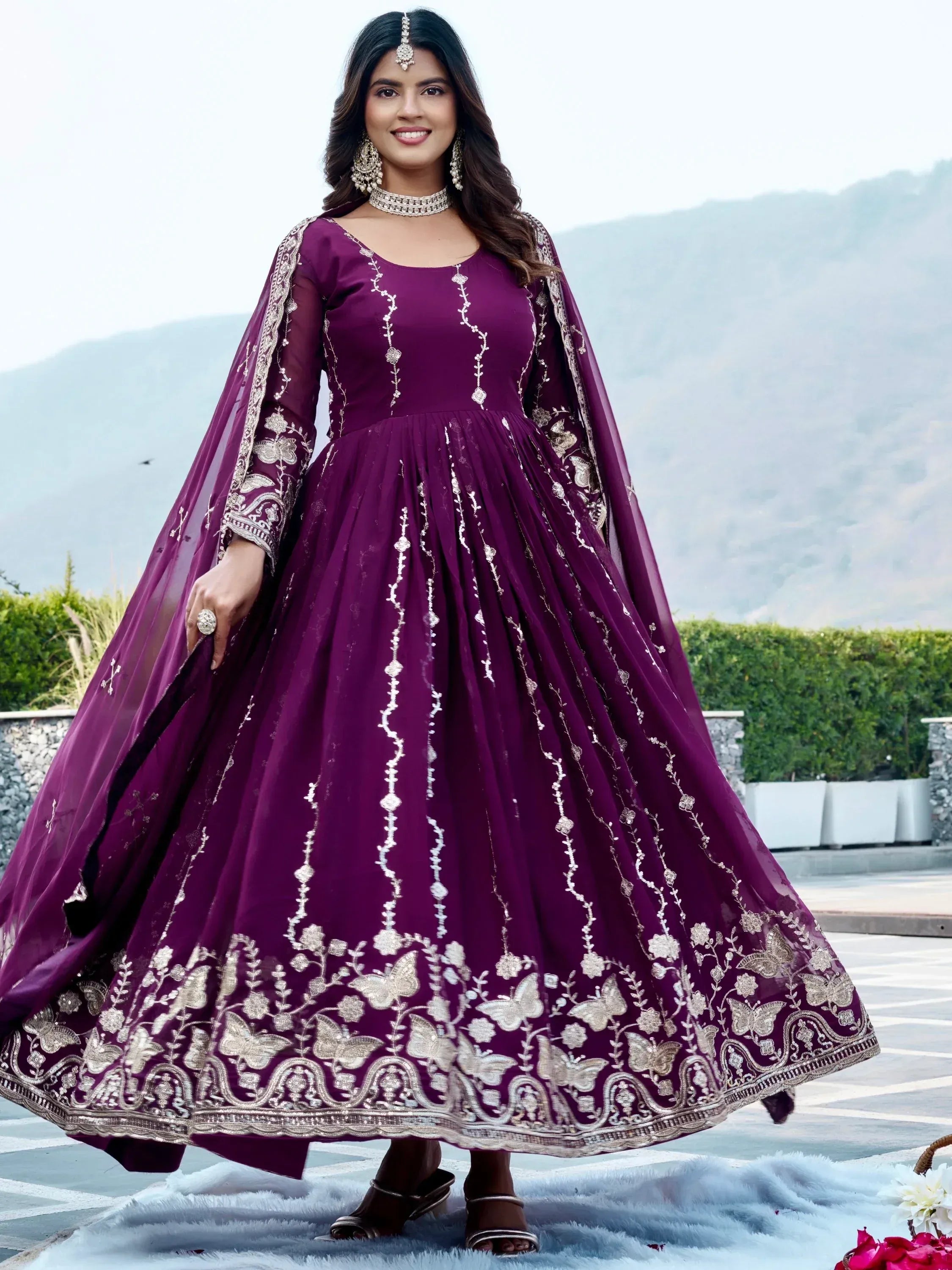 Fantastic Wine Embroidered Georgette Wedding Wear Gown With Dupatta