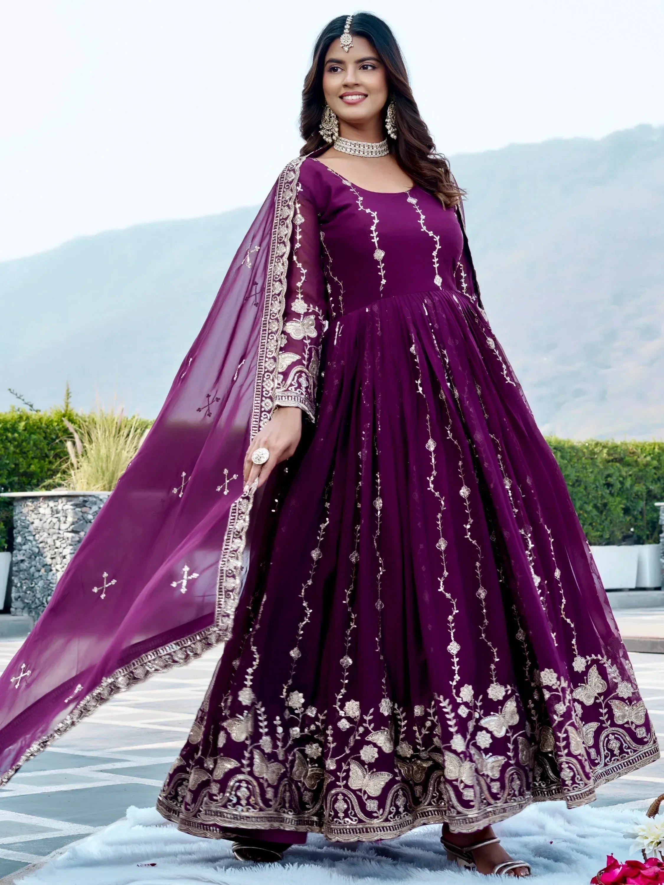 Fantastic Wine Embroidered Georgette Wedding Wear Gown With Dupatta
