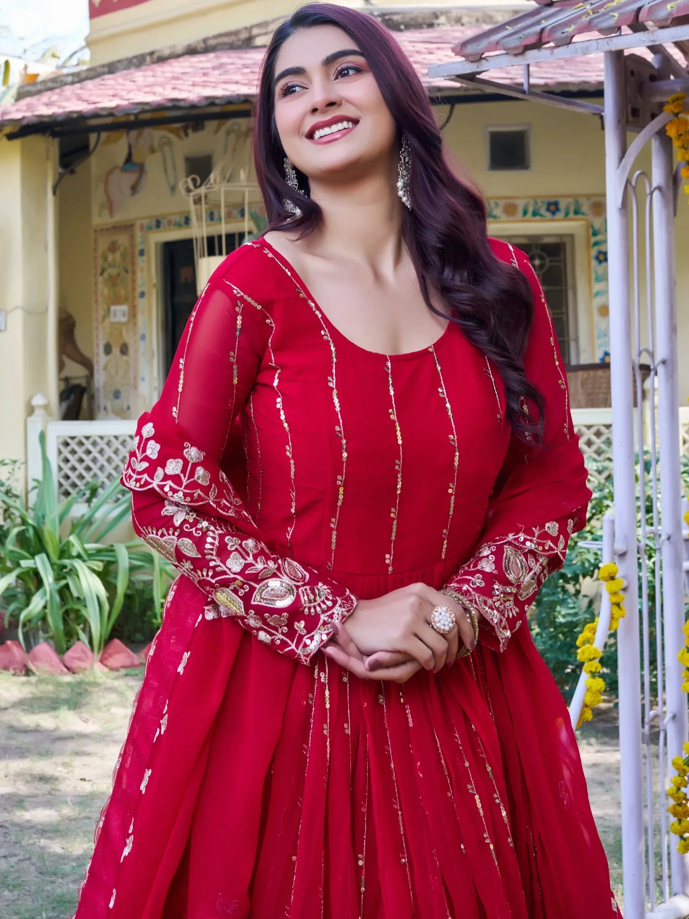 Lovely Red Sequins Georgette Engagement Wear Gown With Dupatta