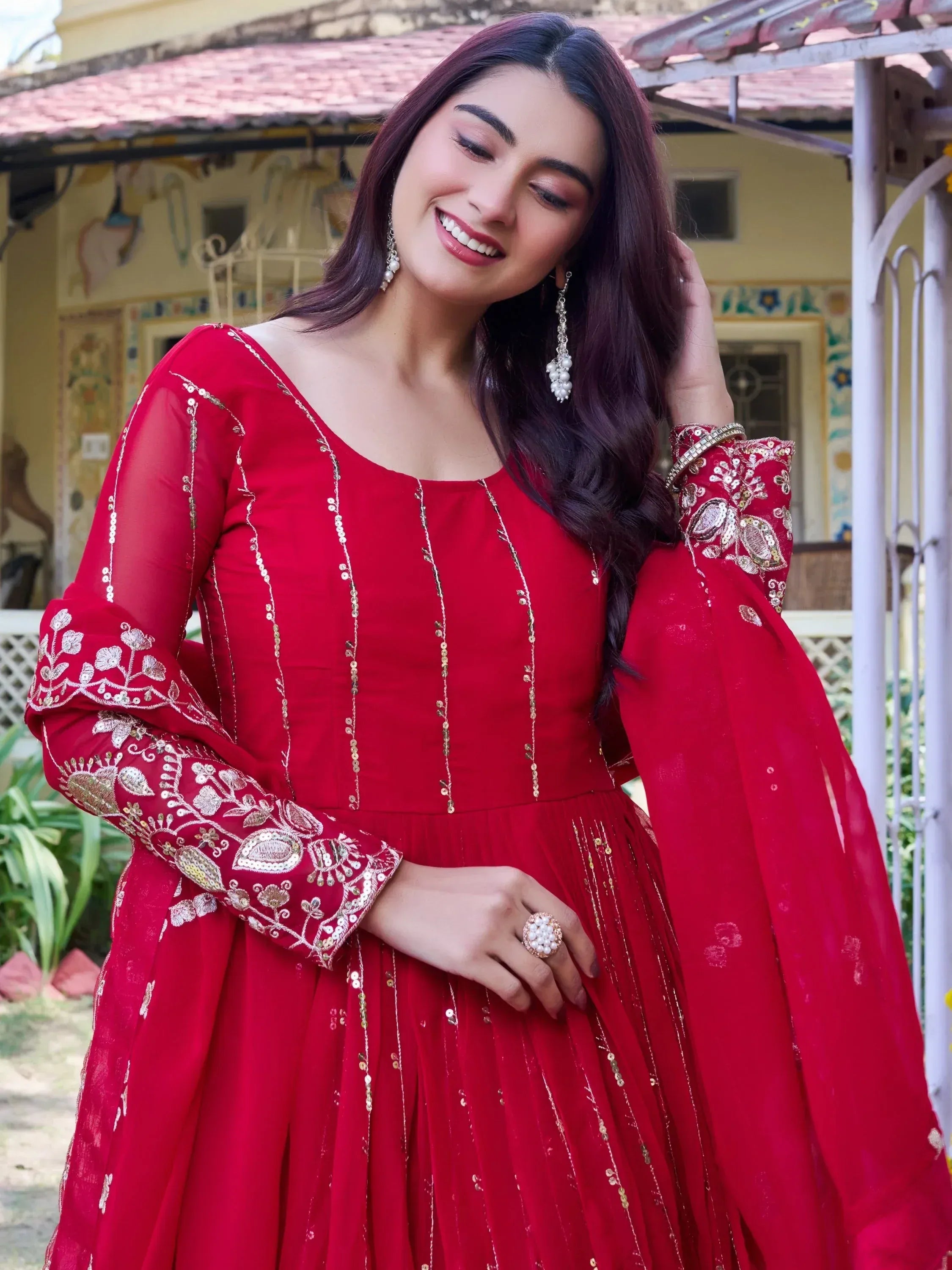 Lovely Red Sequins Georgette Engagement Wear Gown With Dupatta