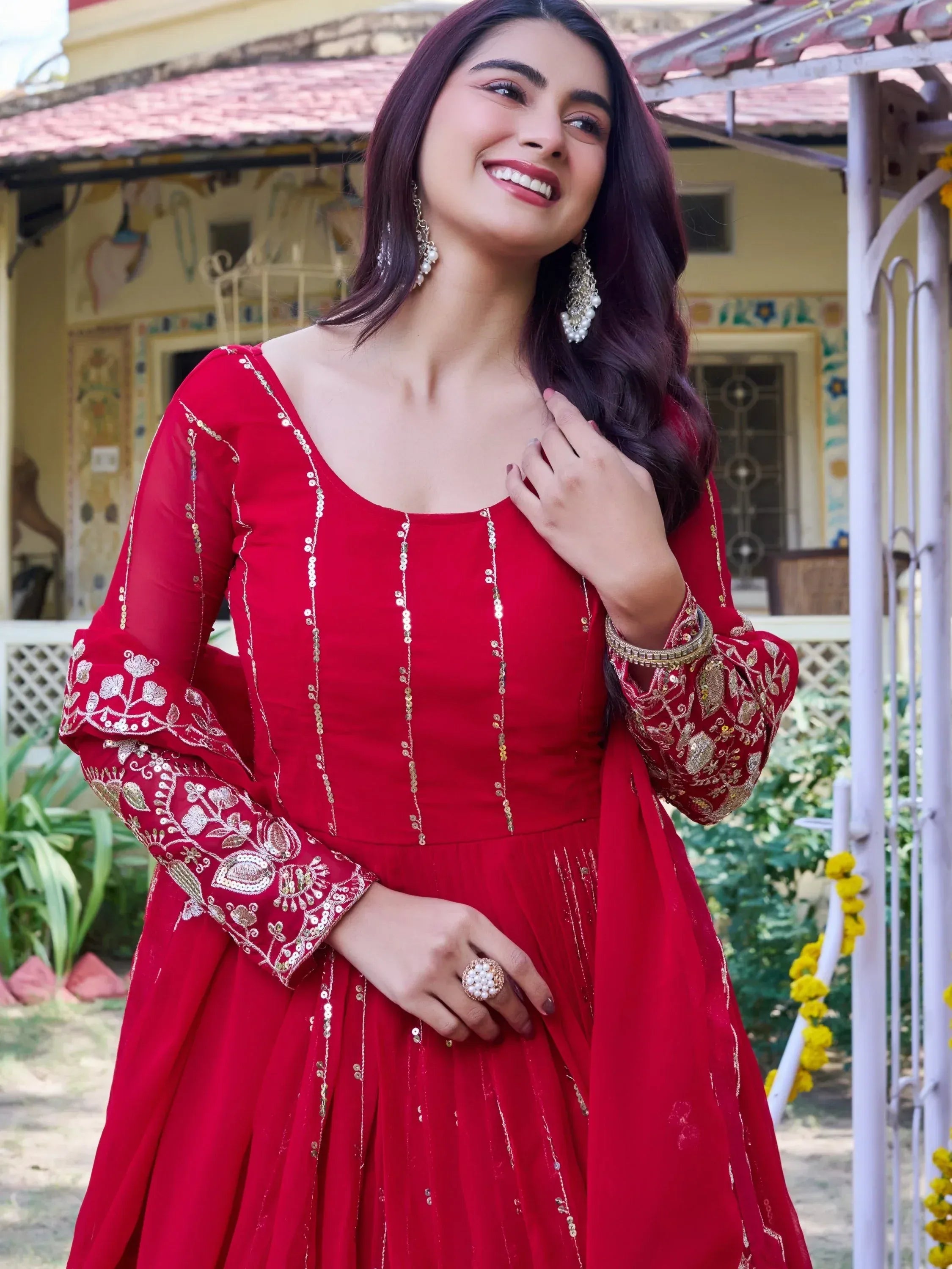 Lovely Red Sequins Georgette Engagement Wear Gown With Dupatta