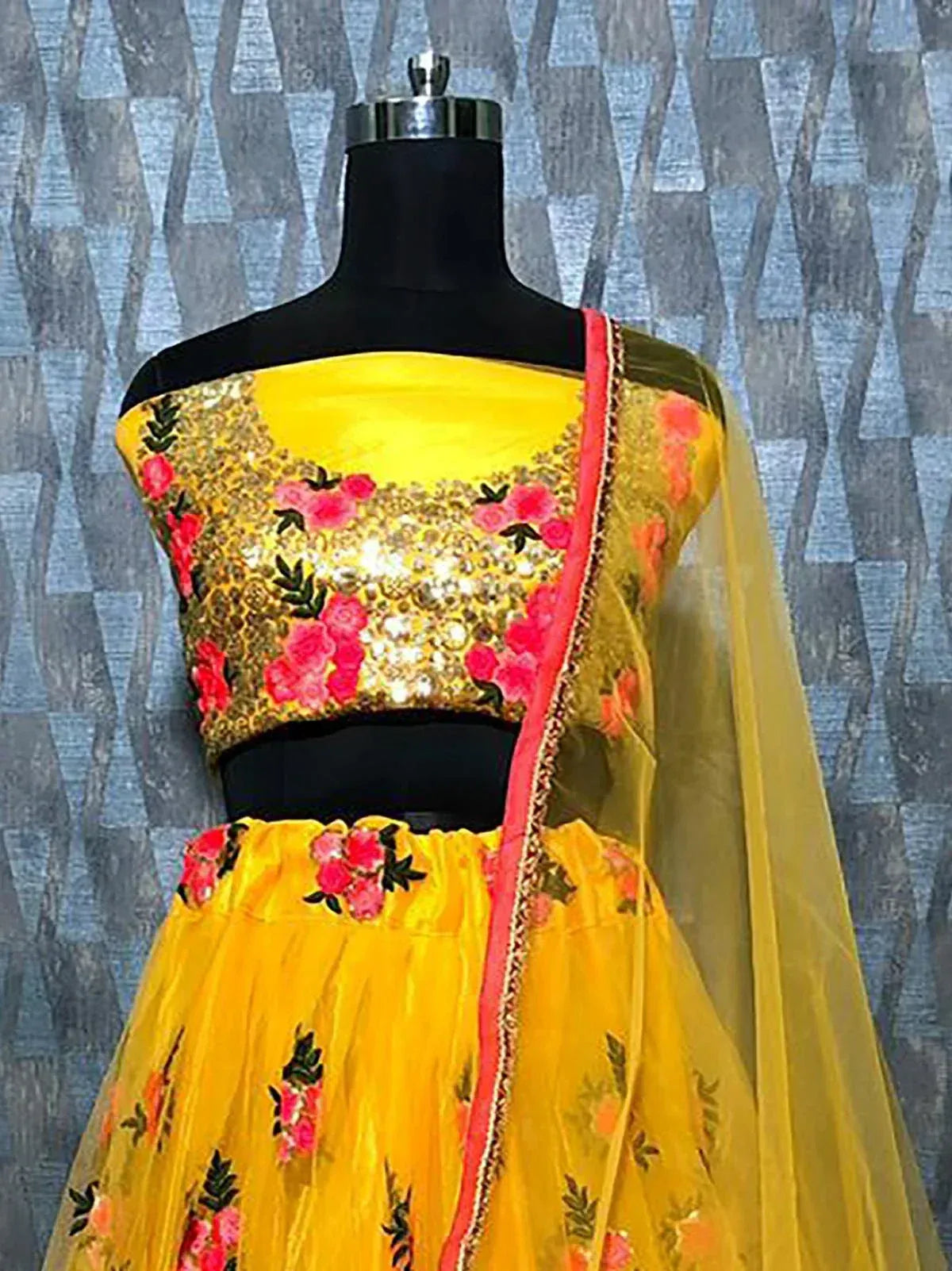 Yellow floral embroidered lehenga choli with sequin blouse and dupatta, ethnic Indian wear