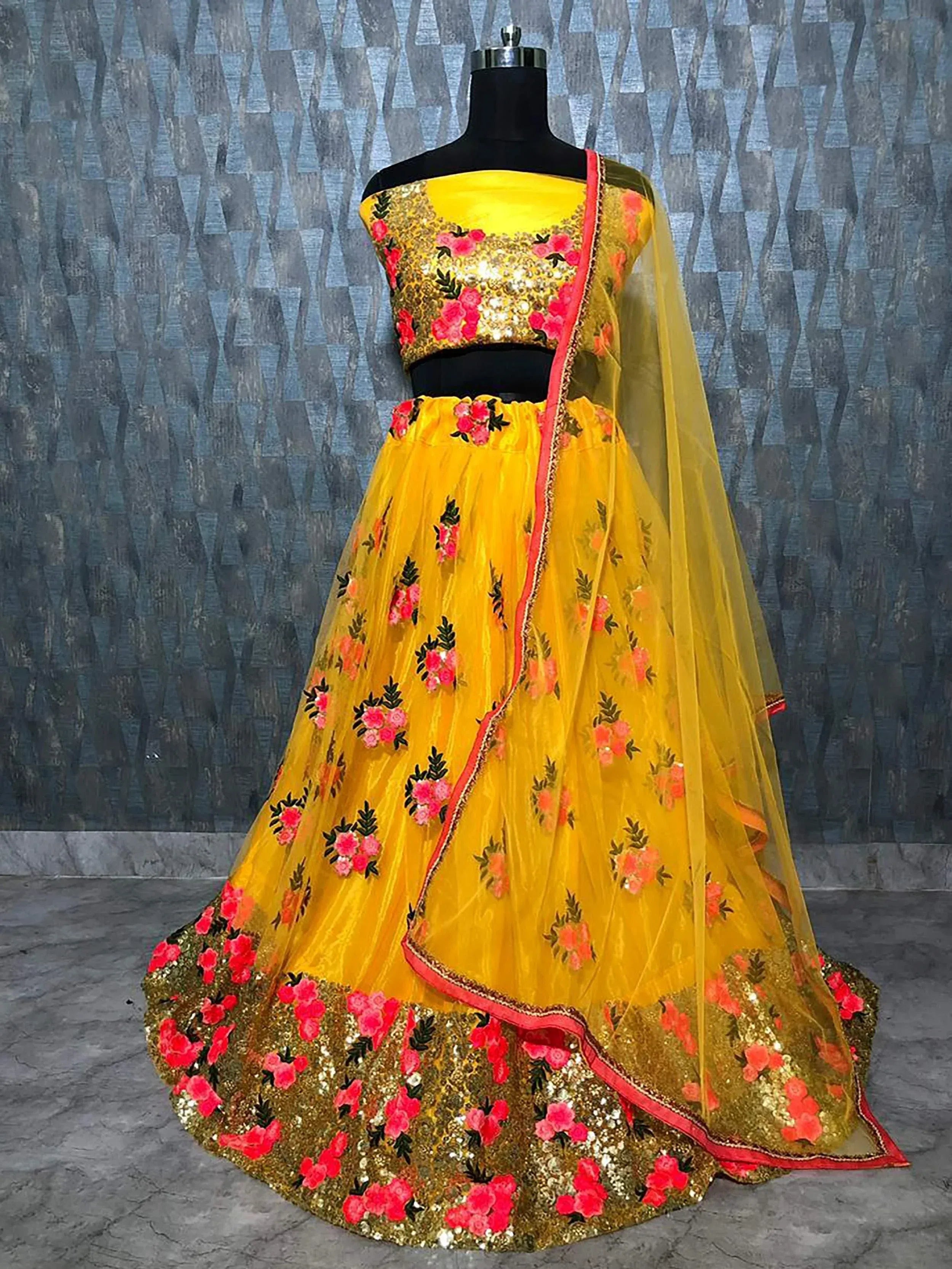 Yellow floral embroidered lehenga choli with sequin work and dupatta, Indian ethnic wear