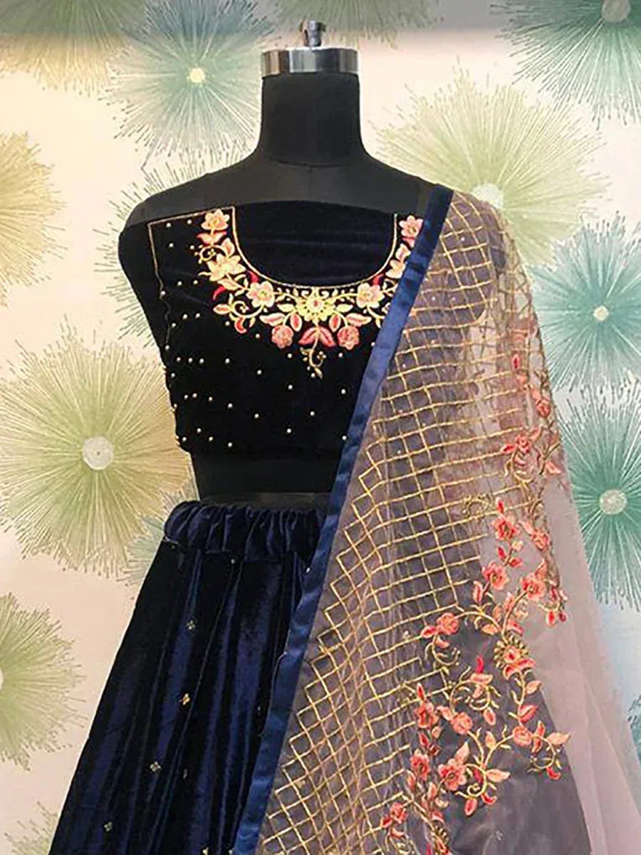 Black velvet lehenga choli with floral embroidery and sheer dupatta, Indian ethnic wear