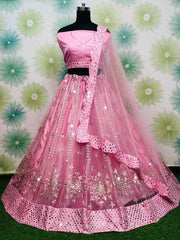 Alluring Pink Net Mirror Work Party Wear Lehenga Choli With Dupatta