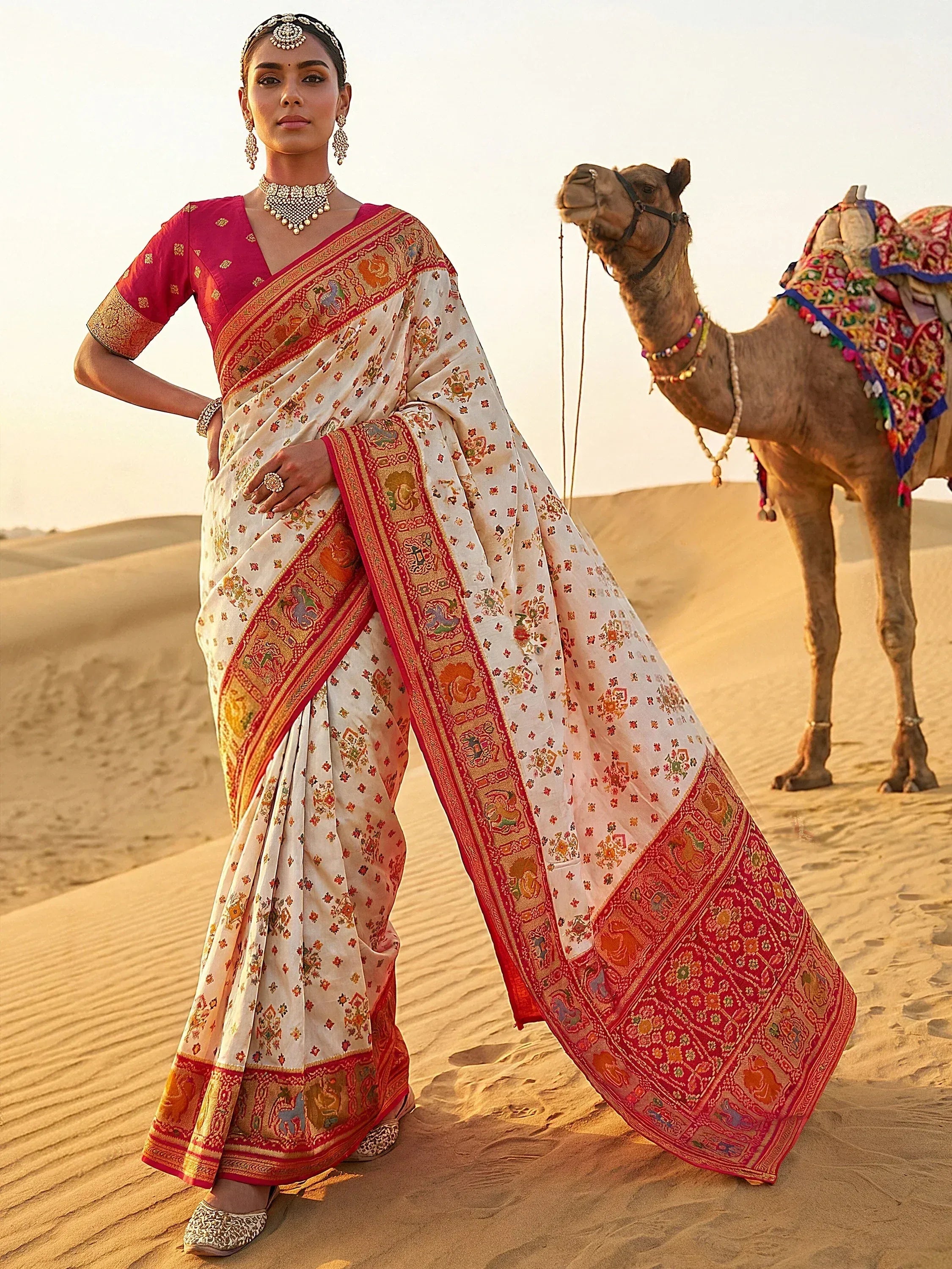 Precious Cream Zari Weaving Silk Function Wear Saree With Blouse