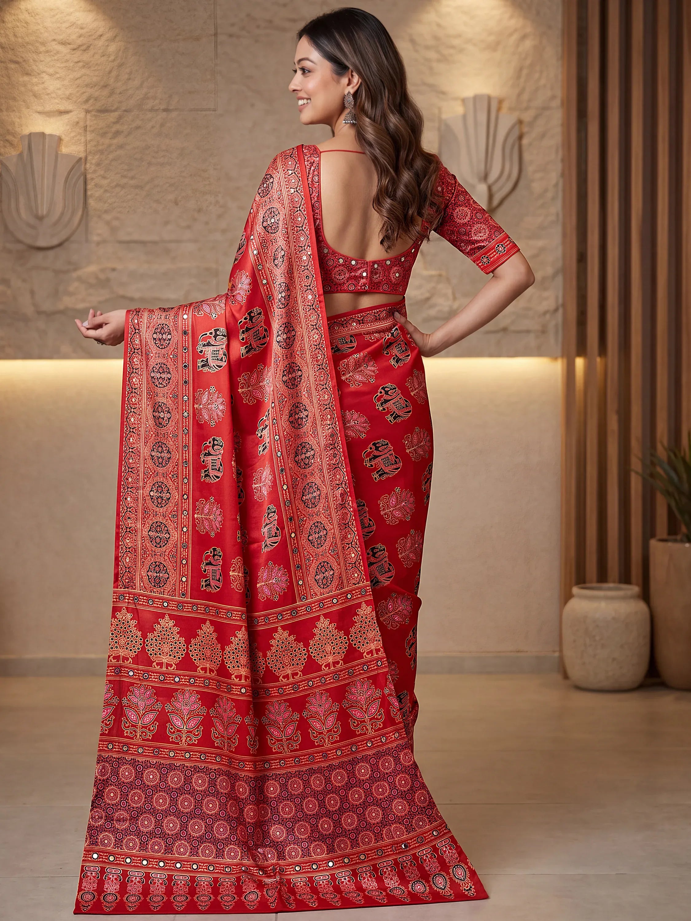 Lovable Red Mirror Work Crepe Silk Traditional Saree With Blouse