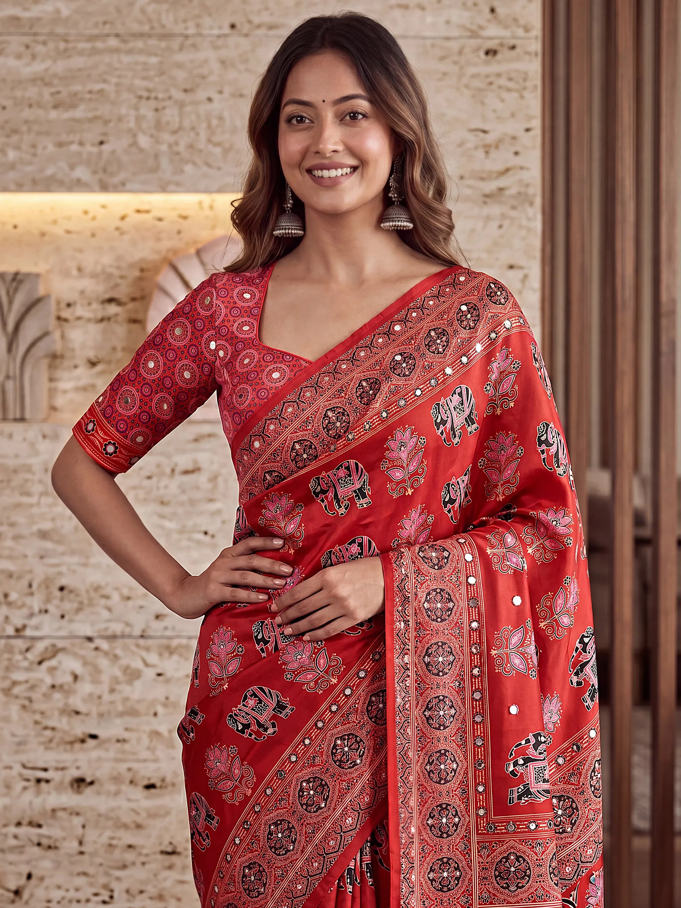 Lovable Red Mirror Work Crepe Silk Traditional Saree With Blouse