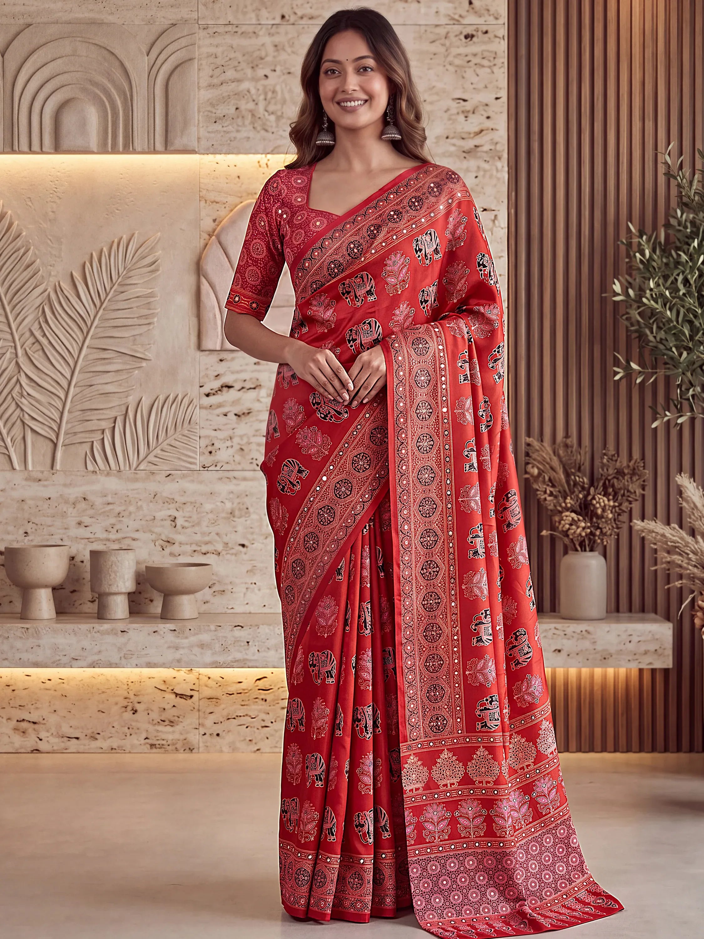 Lovable Red Mirror Work Crepe Silk Traditional Saree With Blouse