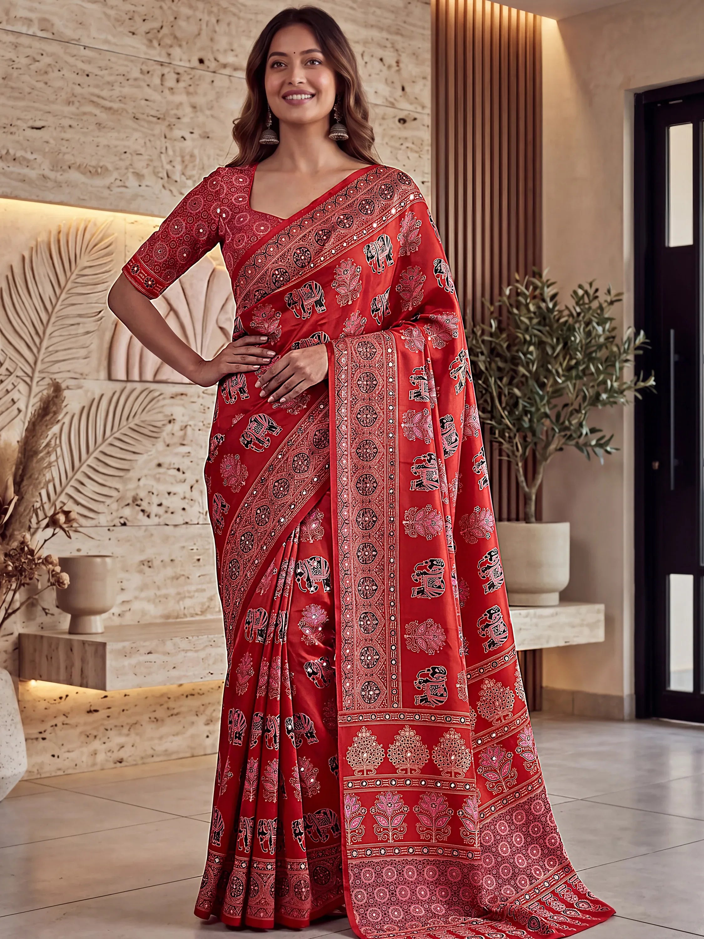 Lovable Red Mirror Work Crepe Silk Traditional Saree With Blouse