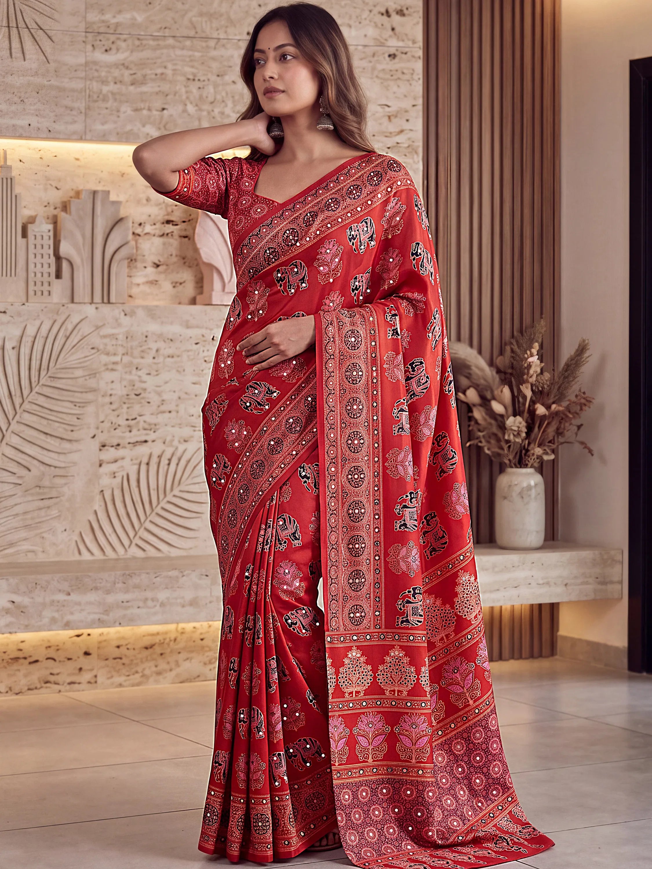 Lovable Red Mirror Work Crepe Silk Traditional Saree With Blouse