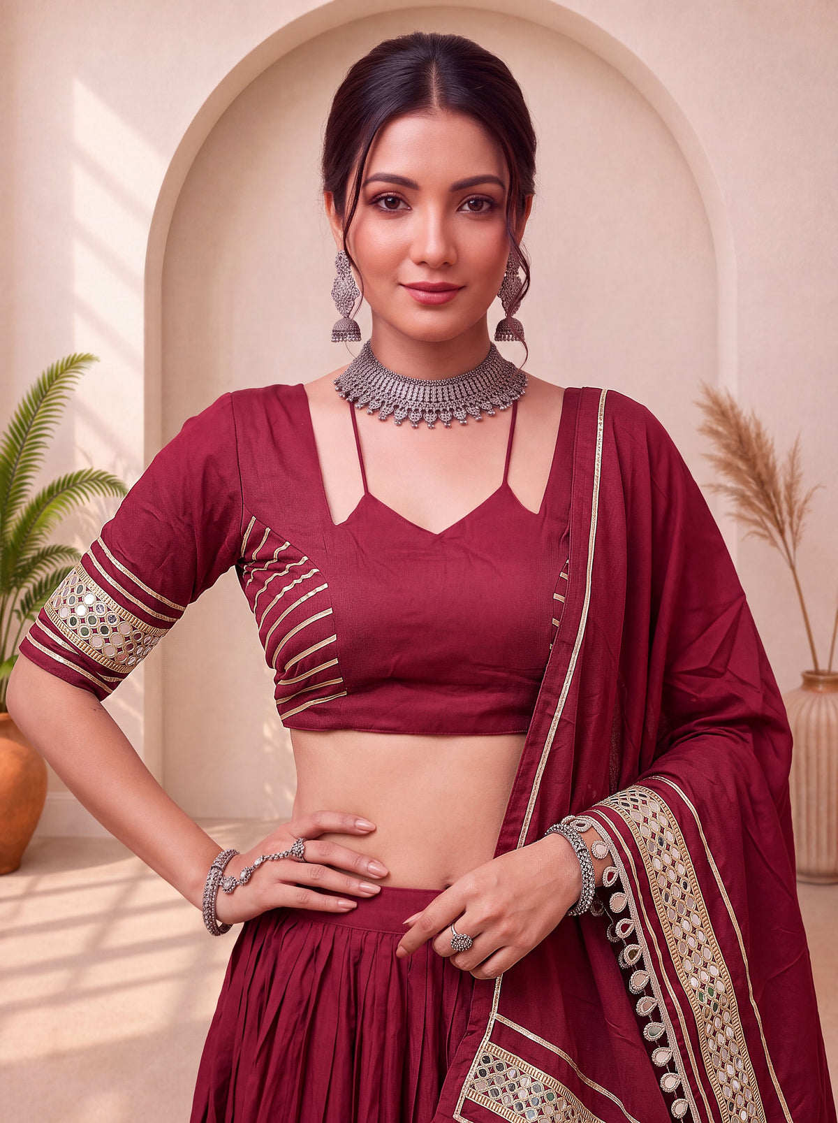 Radiant Maroon Gota Work Cotton Navratri Wear Lehenga Choli With Dupatta