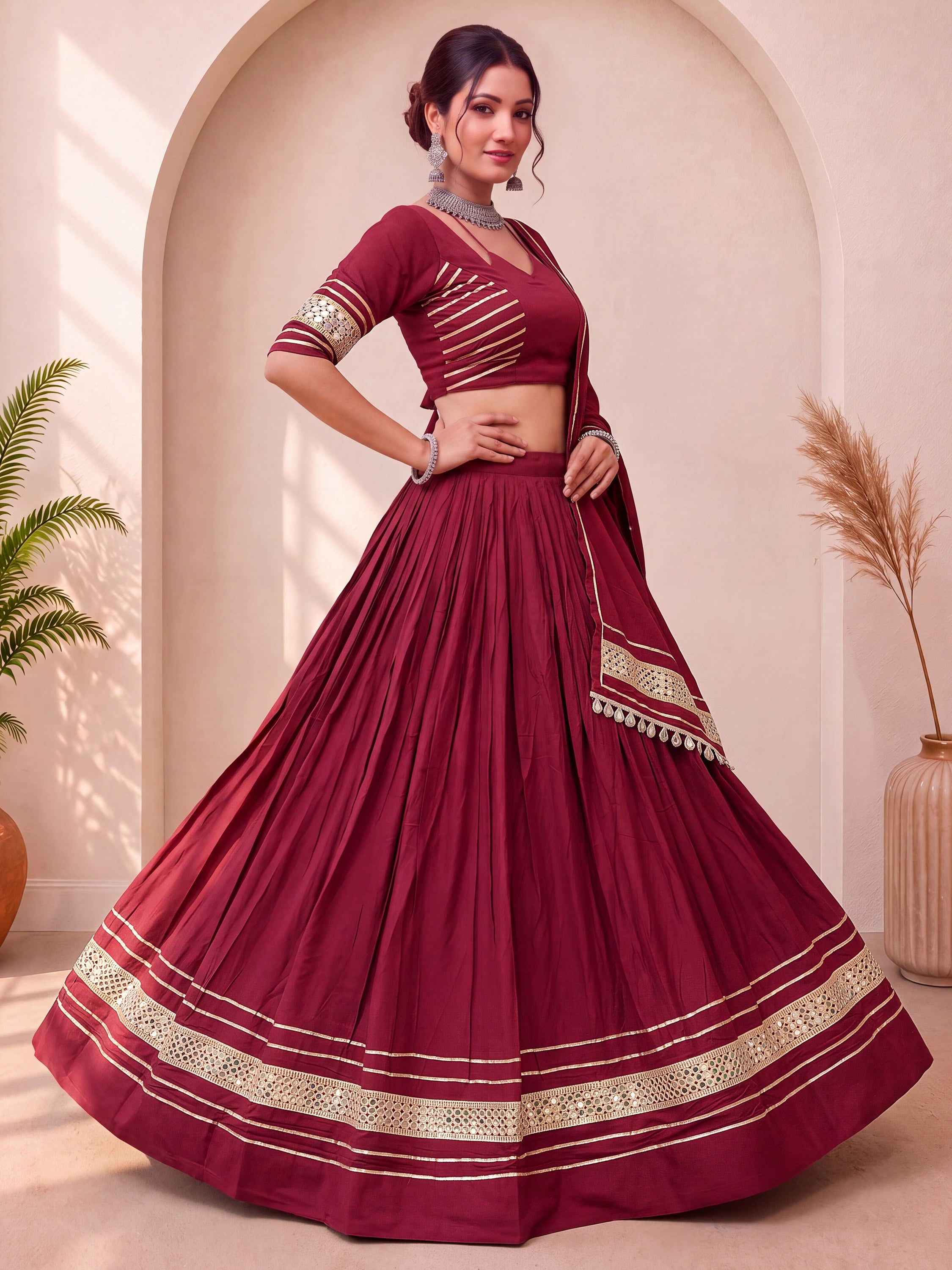 Radiant Maroon Gota Work Cotton Navratri Wear Lehenga Choli With Dupatta