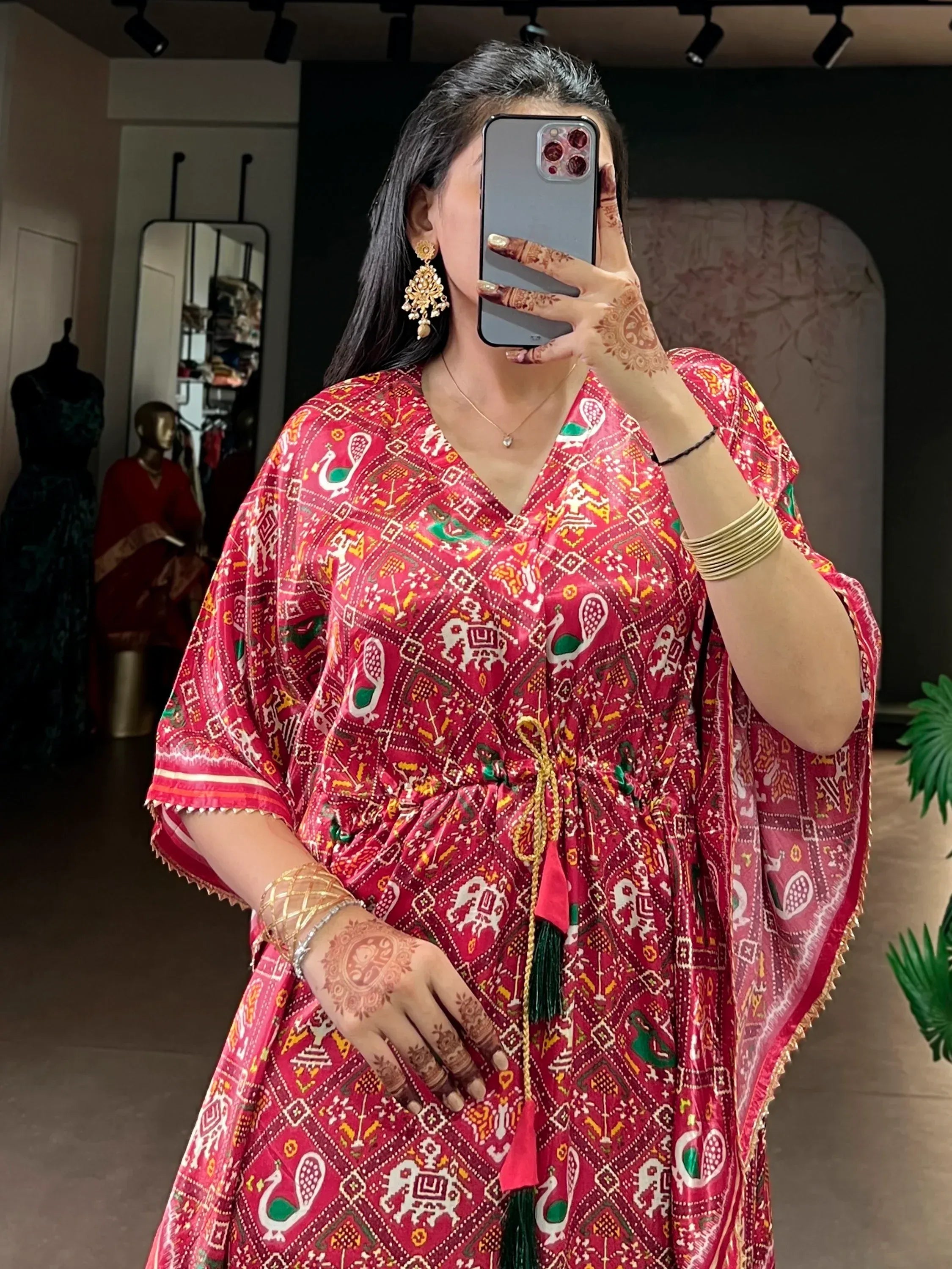 Fascinate Red Ikkat Print Gaji Silk Wedding Wear Kaftan
