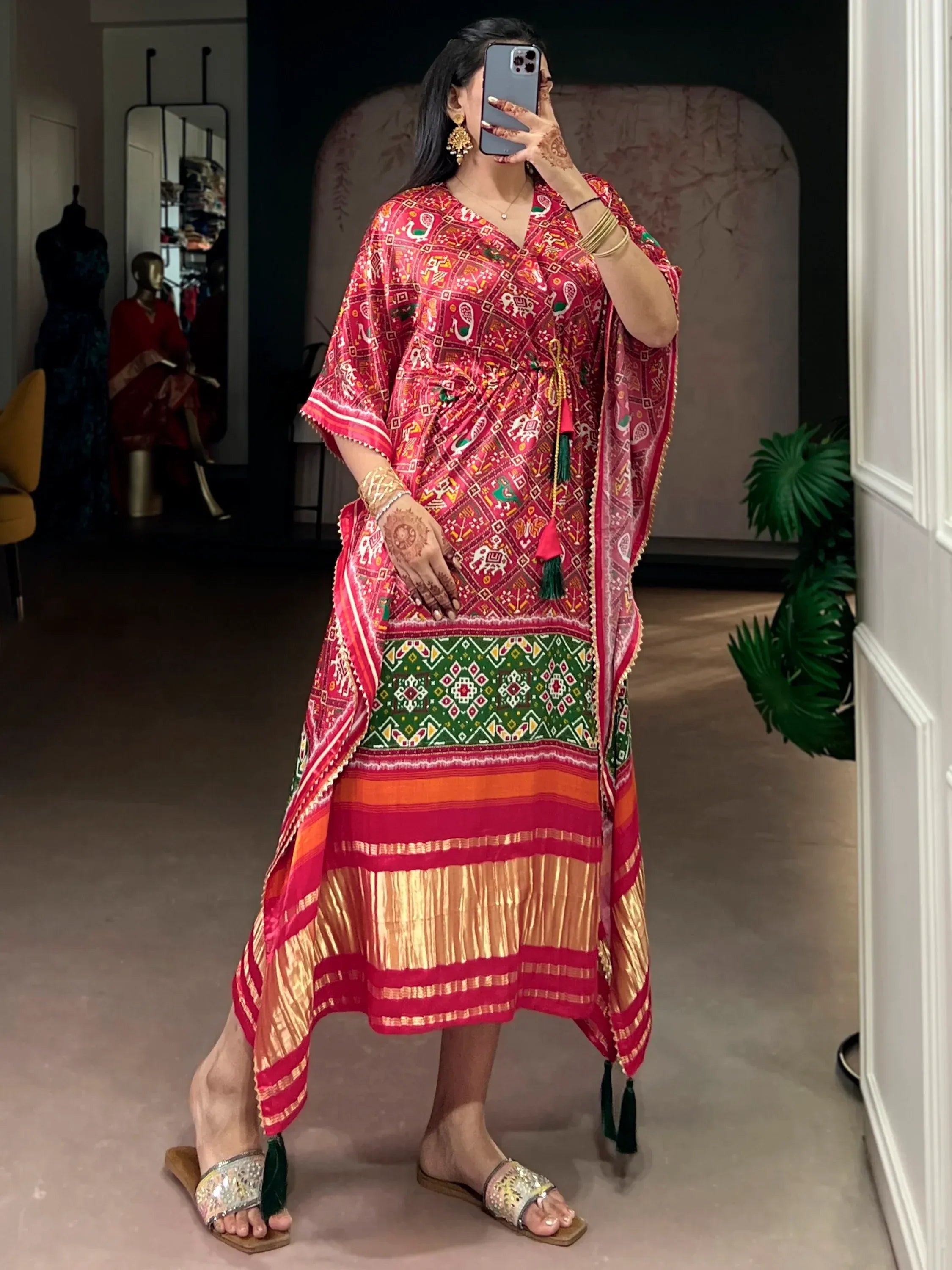 Fascinate Red Ikkat Print Gaji Silk Wedding Wear Kaftan