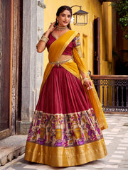 Desirable Red Chanderi Silk Kalamkari Printed Half Saree Lehenga
