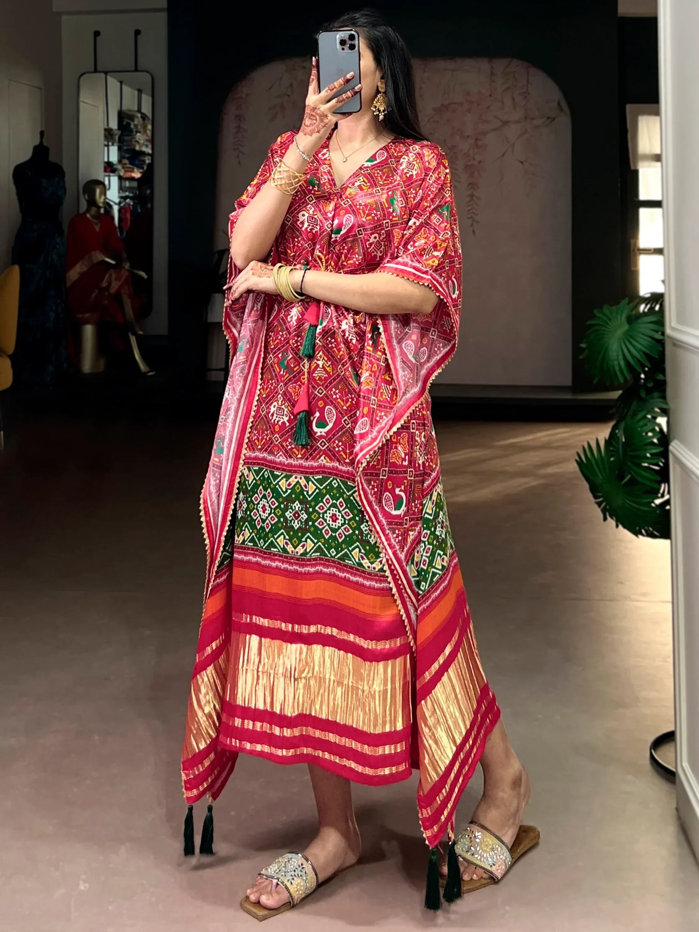 Fascinate Red Ikkat Print Gaji Silk Wedding Wear Kaftan