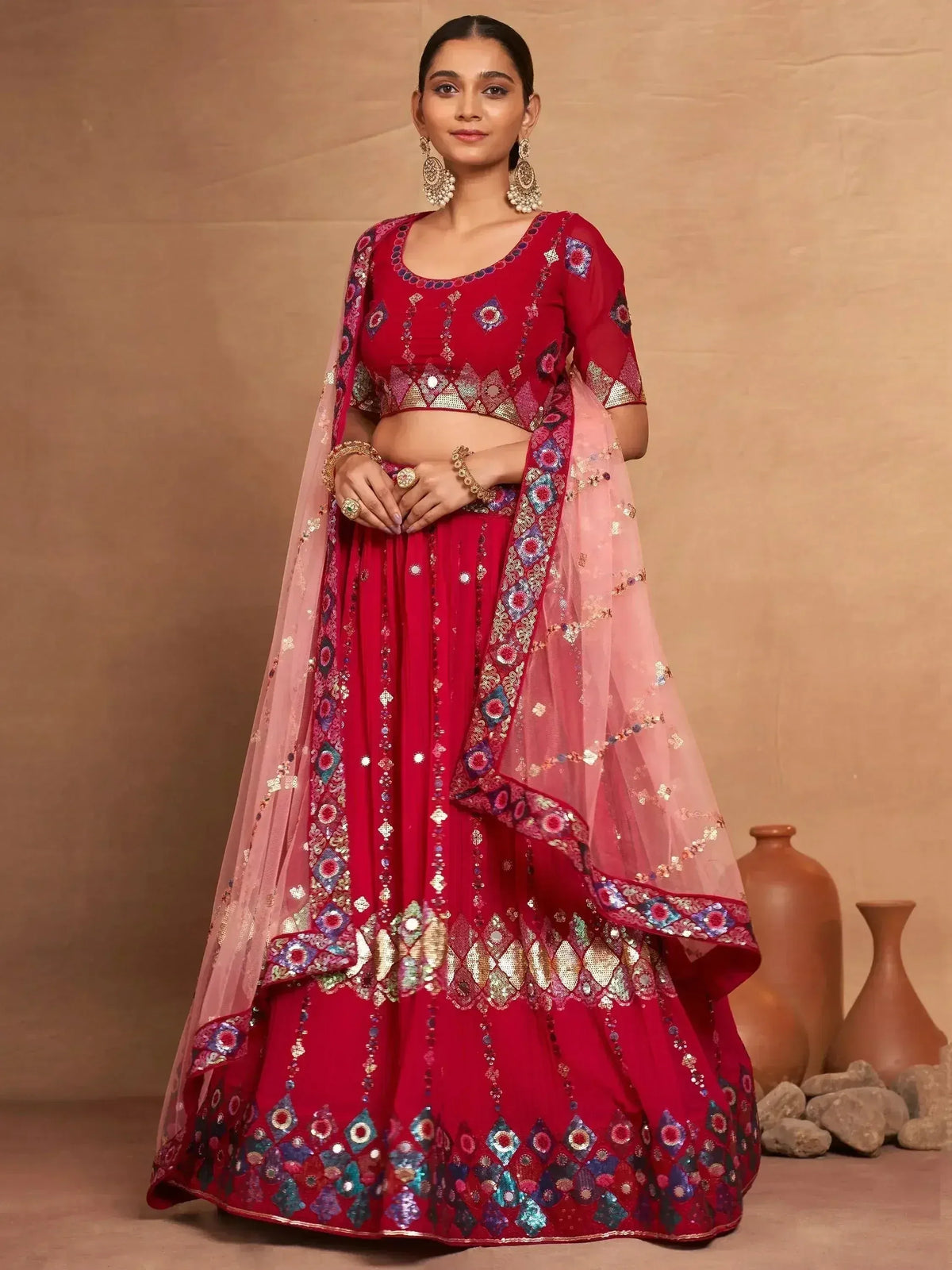 Red embroidered lehenga choli with pink dupatta, perfect for Indian ethnic wear occasions