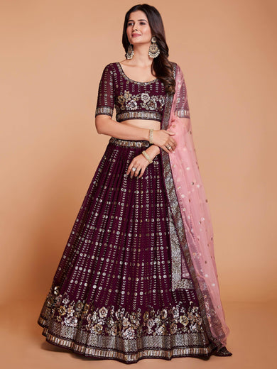 Tantalizing Purple Sequins Georgette Wedding Lehenga Choli
