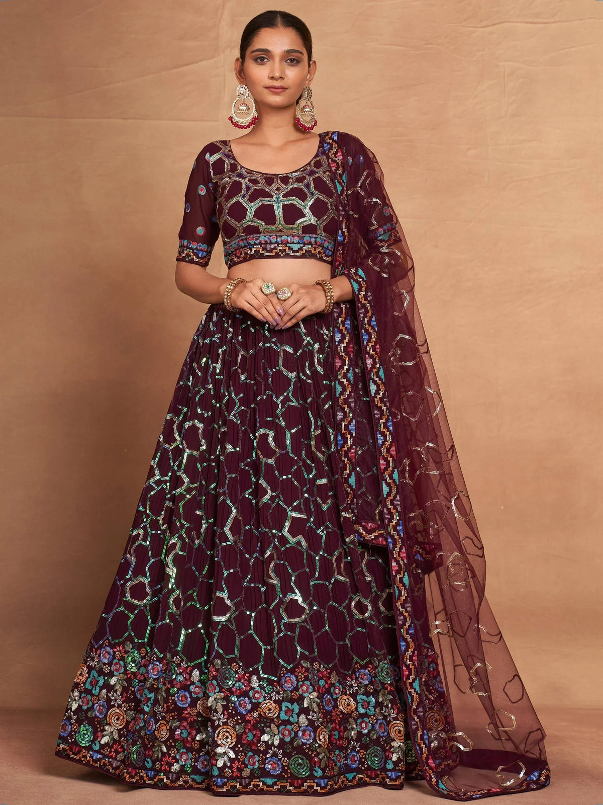 Maroon embroidered lehenga choli with floral border and sheer dupatta, Indian ethnic wear