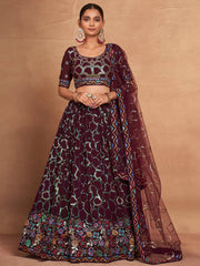 Glamorous Maroon Sequins Georgette Reception Wear Lehenga Choli