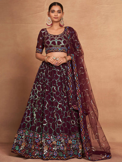 Glamorous Maroon Sequins Georgette Reception Wear Lehenga Choli