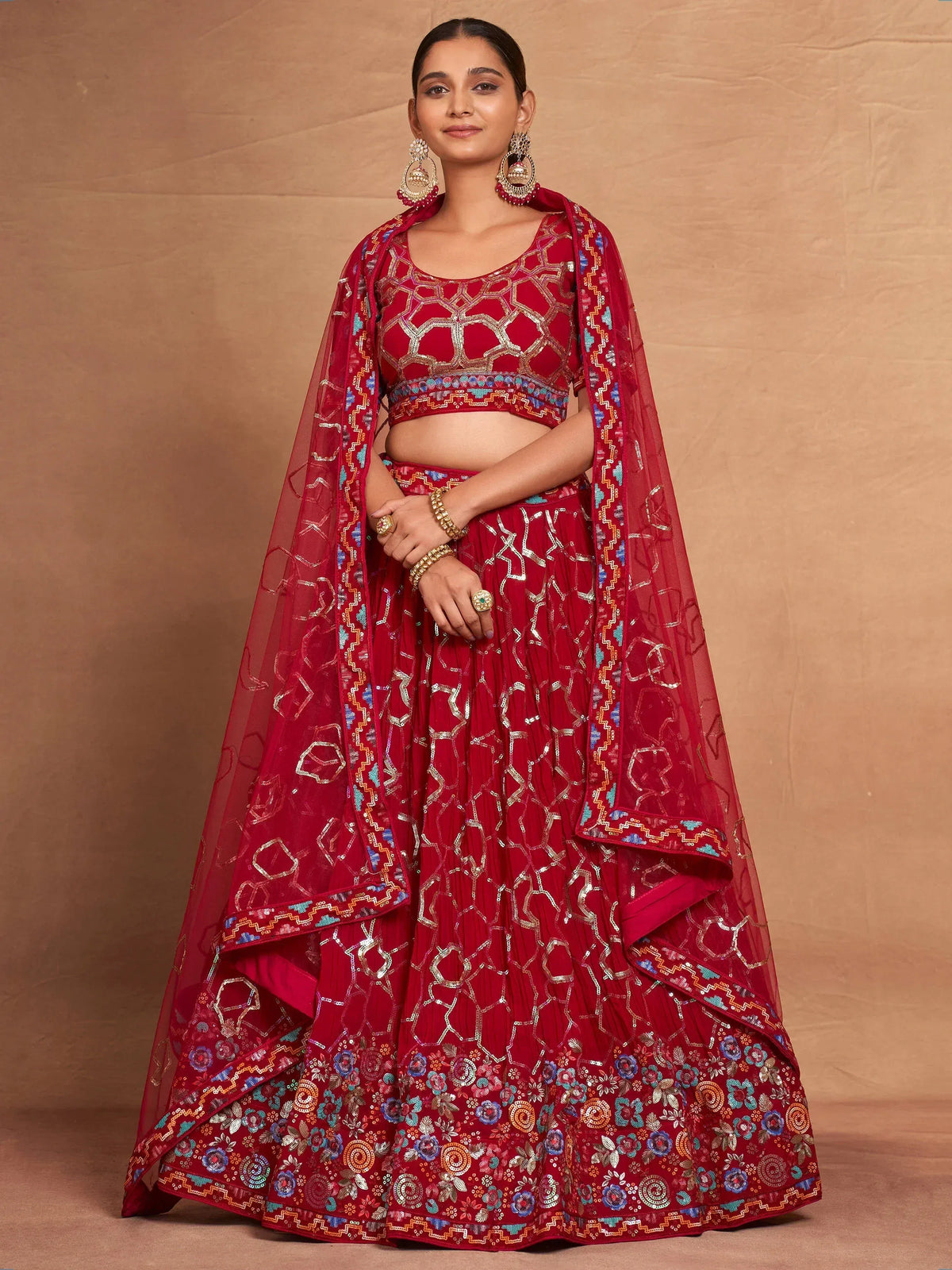 Red embroidered lehenga choli with dupatta, Indian ethnic wear for weddings and festivals