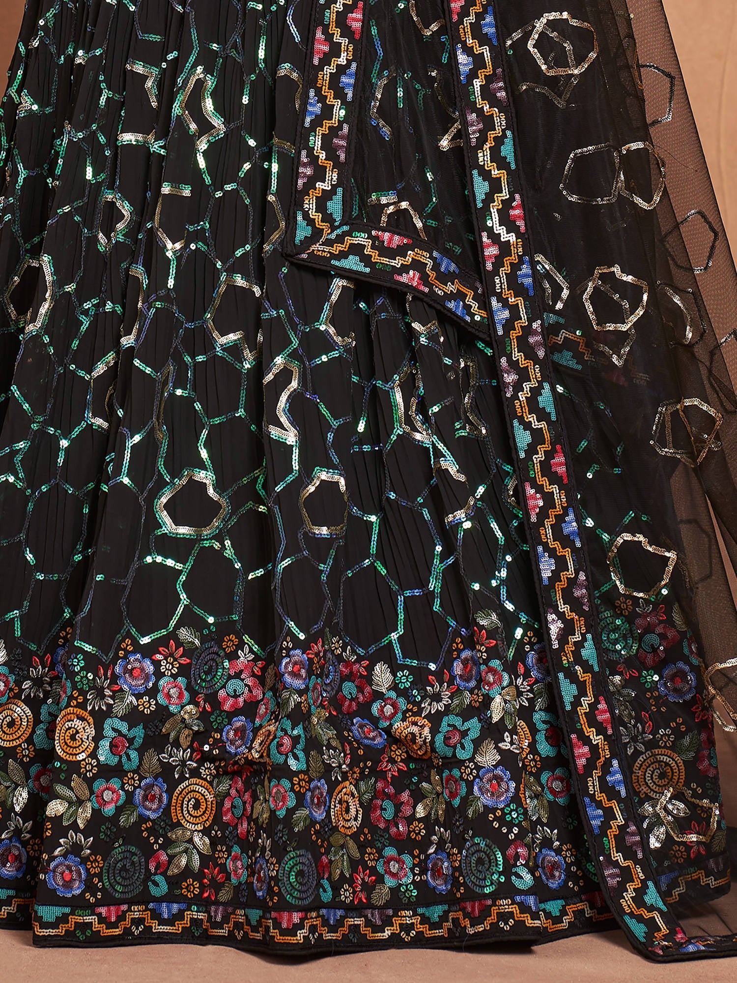 Fascinating Black Sequins Georgette Party Wear Lehenga Choli