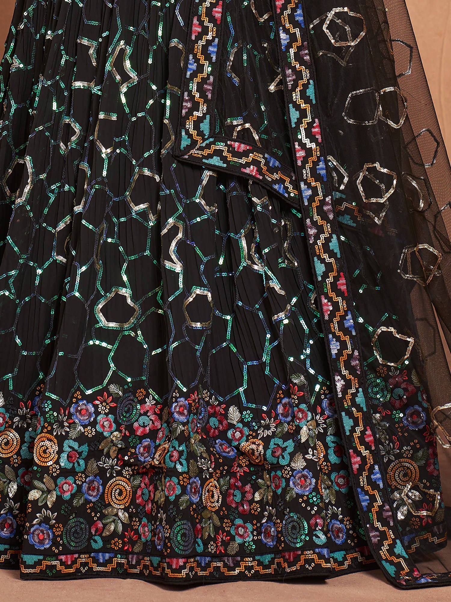 Fascinating Black Sequins Georgette Party Wear Lehenga Choli