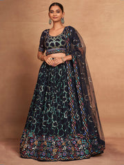 Captivating Navy Blue Sequins Georgette Lehenga Choli With Dupatta