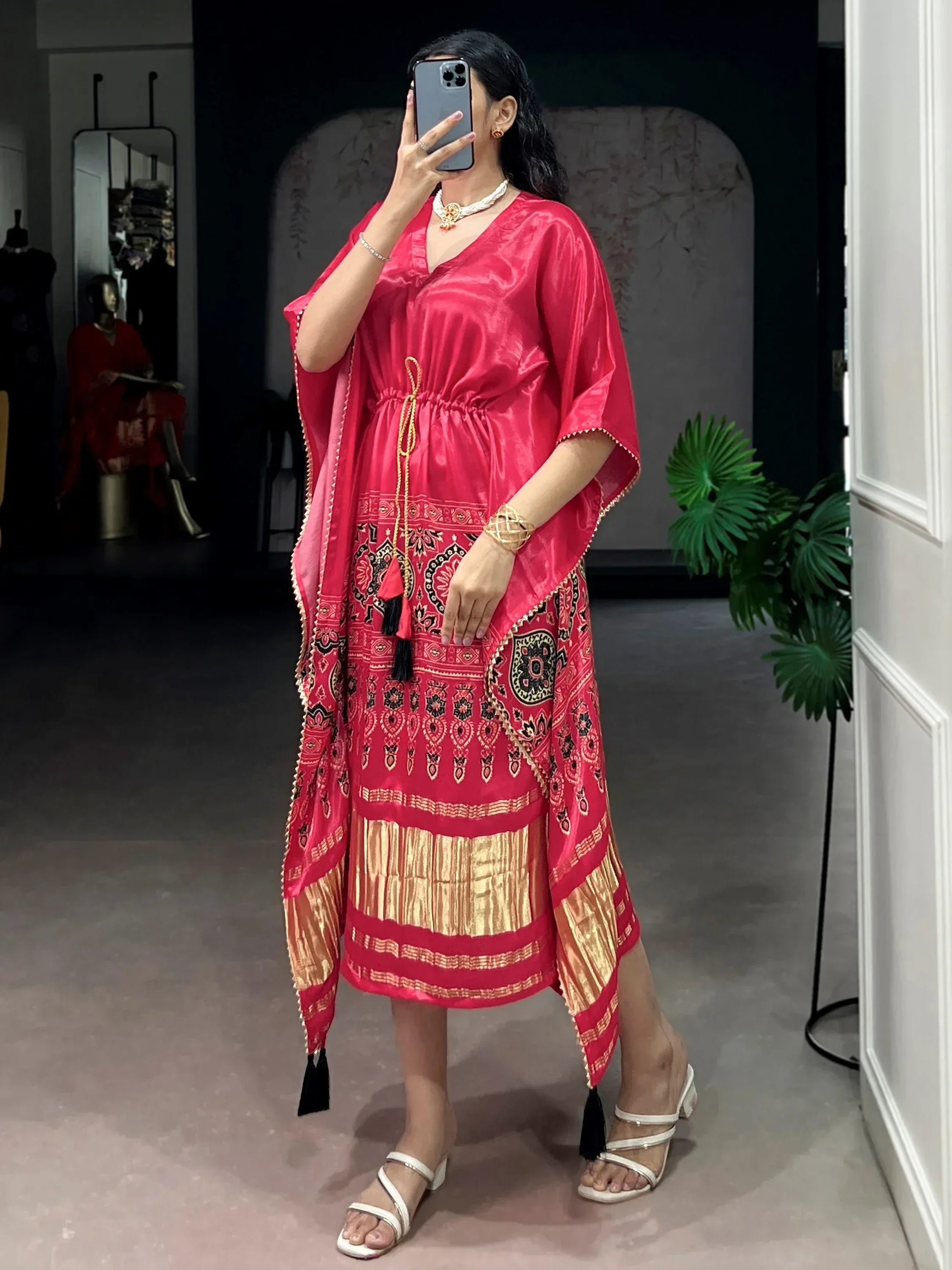 Delightful Pink Digital Printed Gaji Silk Festive Wear Kaftan