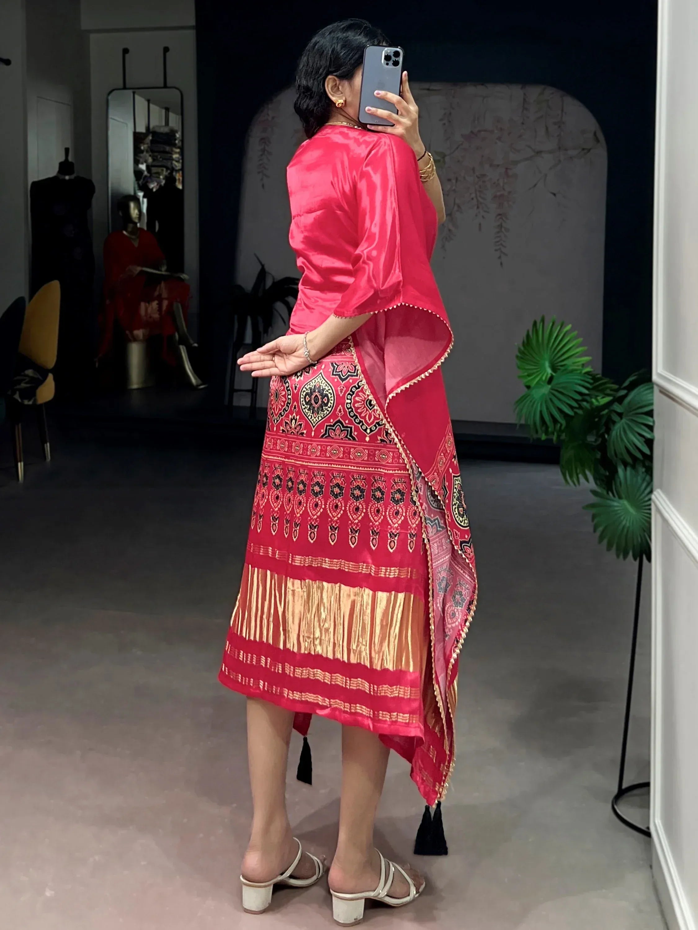 Delightful Pink Digital Printed Gaji Silk Festive Wear Kaftan