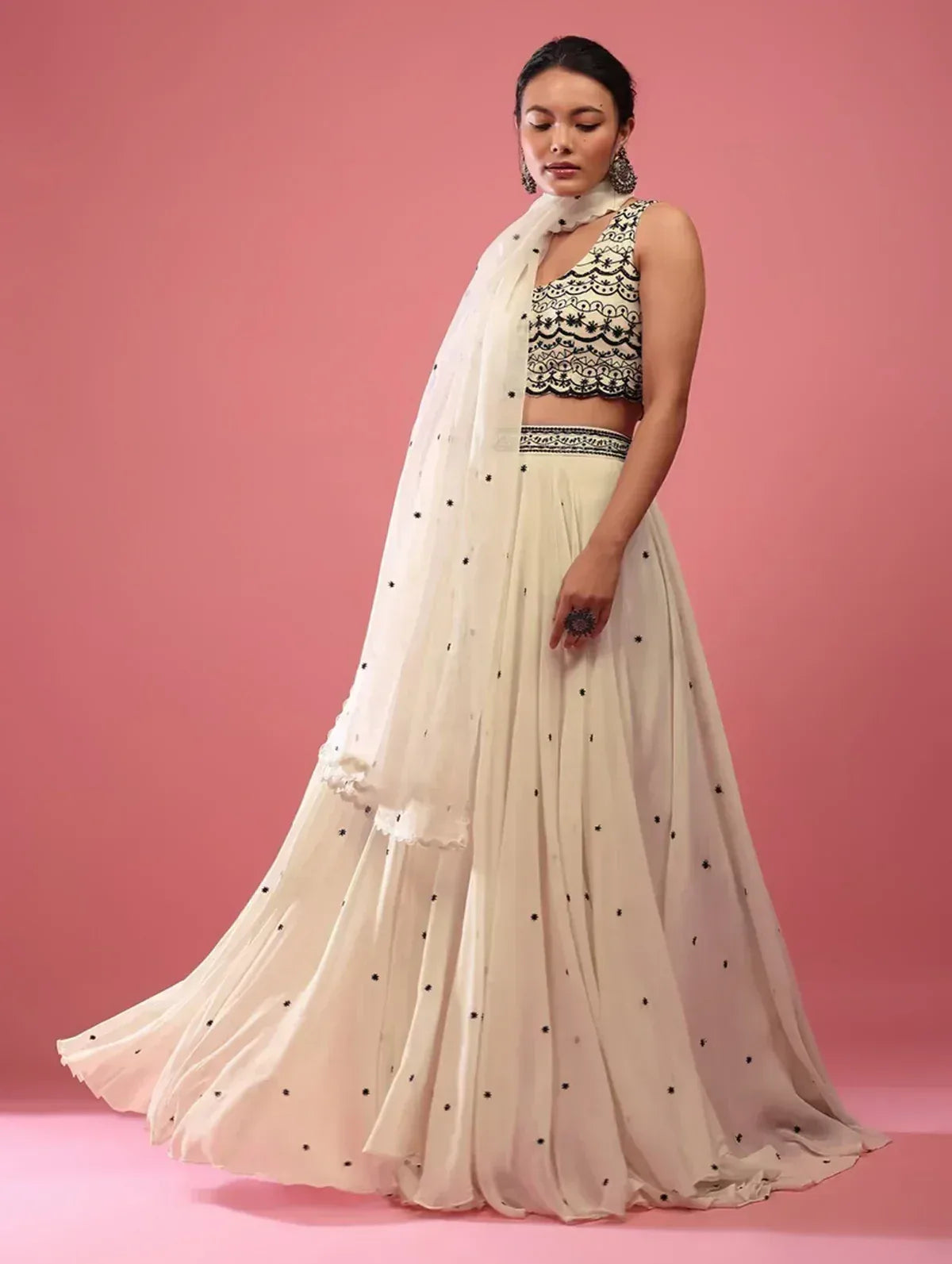 White and black embroidered lehenga choli with sheer dupatta, Indian ethnic wear for women