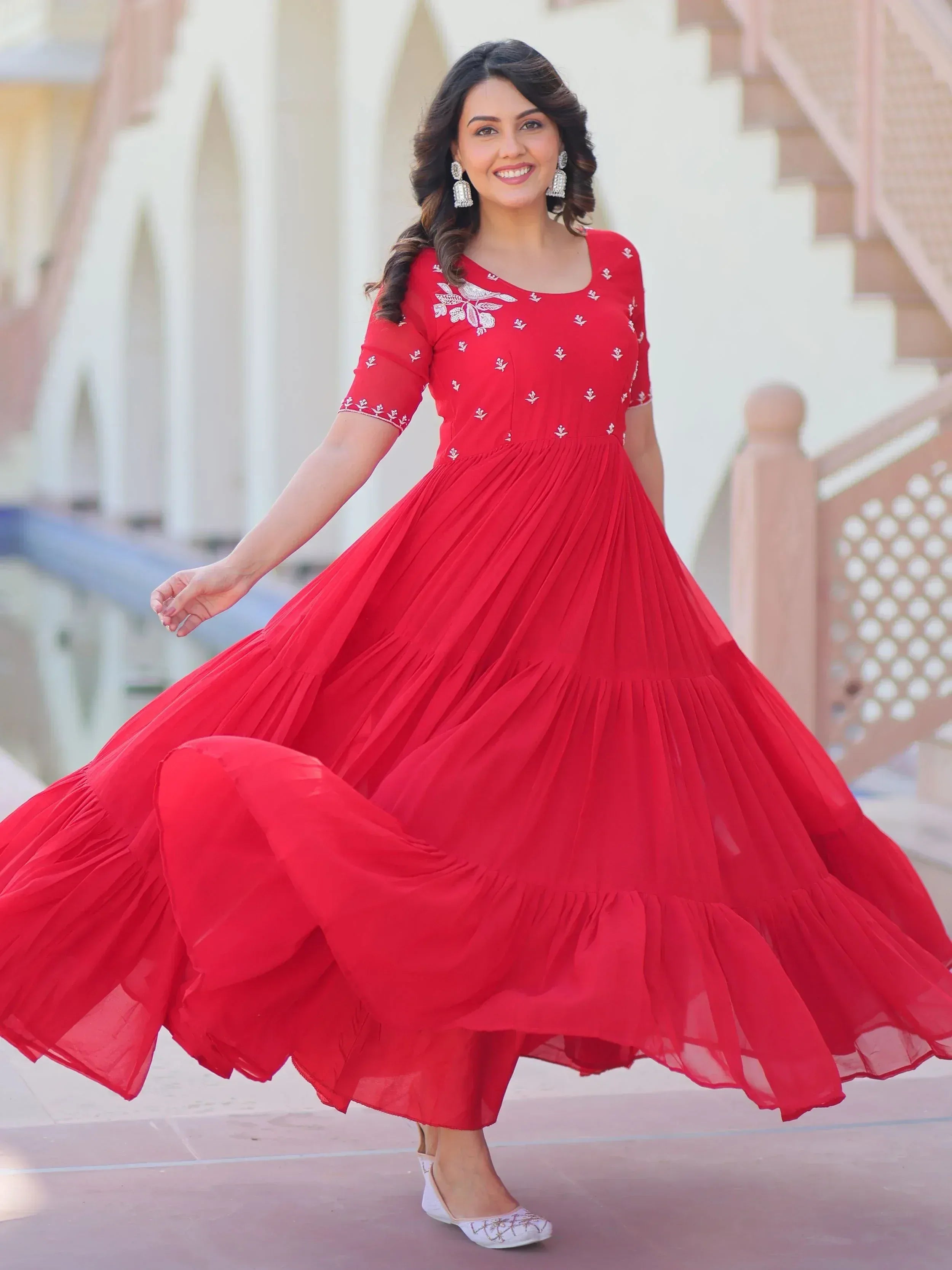 Red ethnic gown with white embroidery, perfect for Indian festive occasions and weddings
