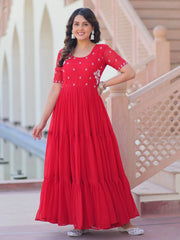 Delicate Red Georgette Embroidered Festival Wear Gown