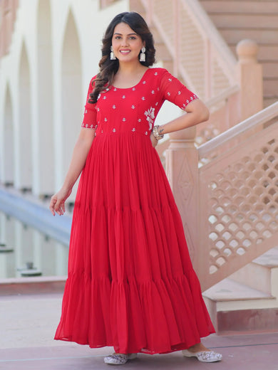 Delicate Red Georgette Embroidered Festival Wear Gown