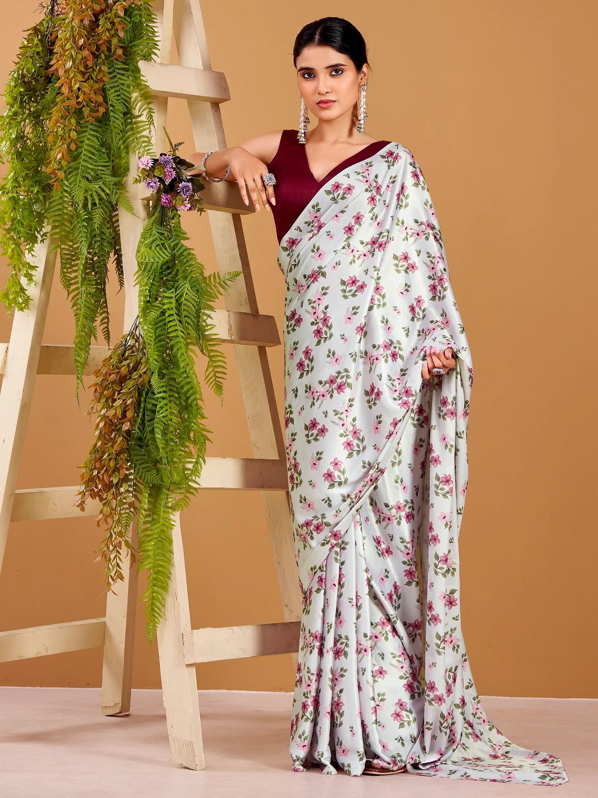 Stunning Grey Flower Printed Satin Daily Wear Saree With Blouse