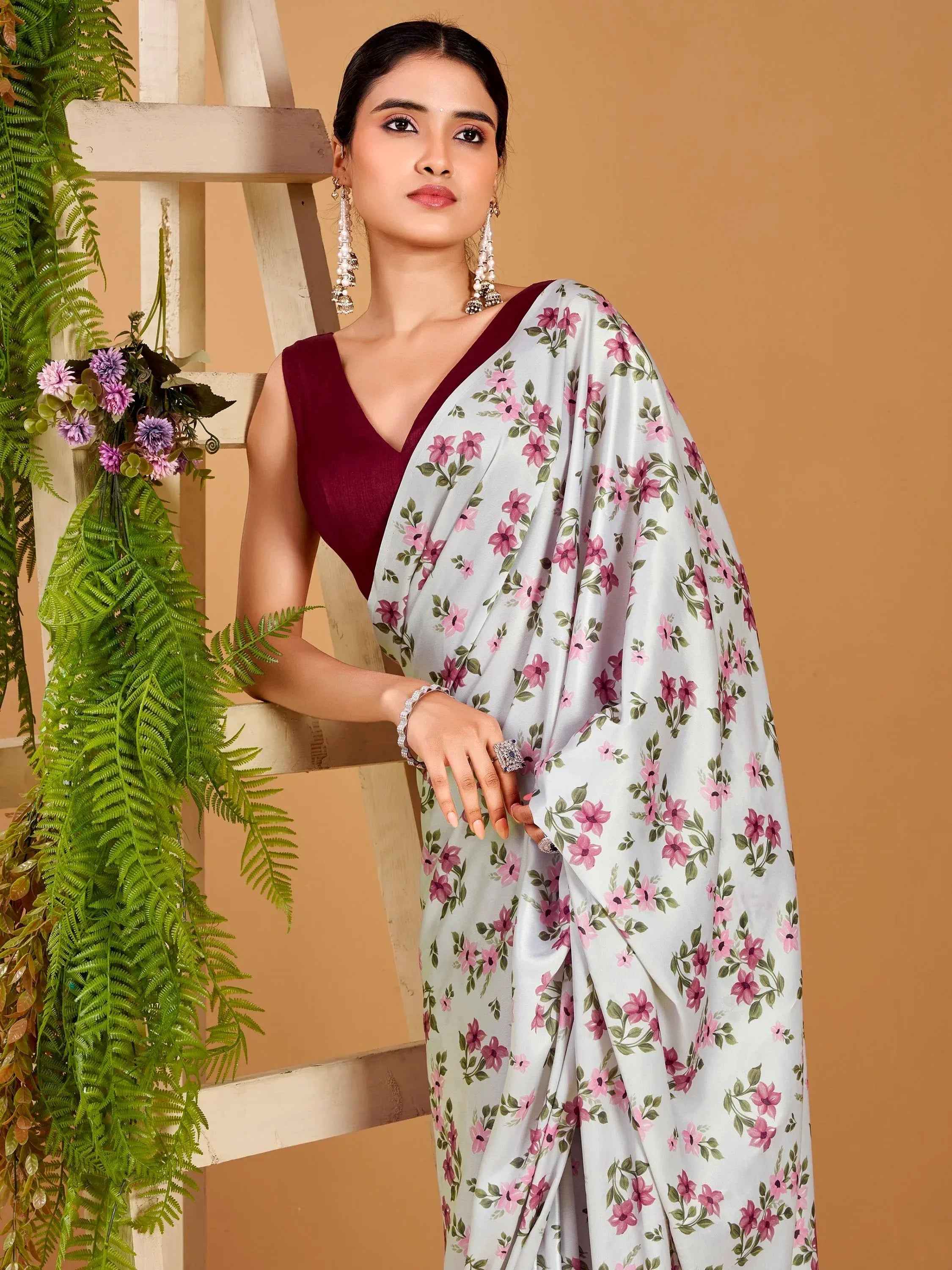 Stunning Grey Flower Printed Satin Daily Wear Saree With Blouse