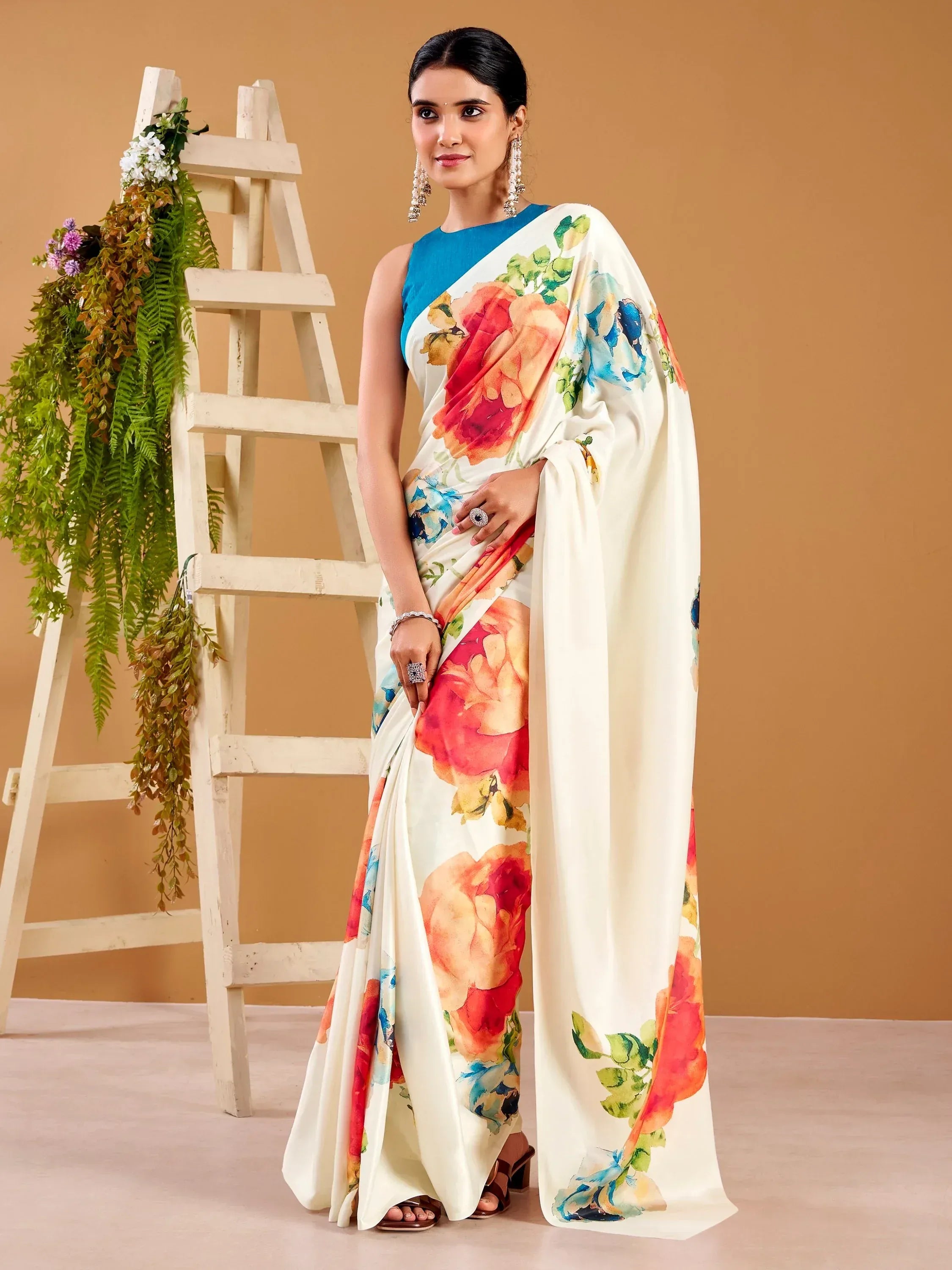 Beautiful White Floral Printed Satin Casual Wear Saree With Blouse