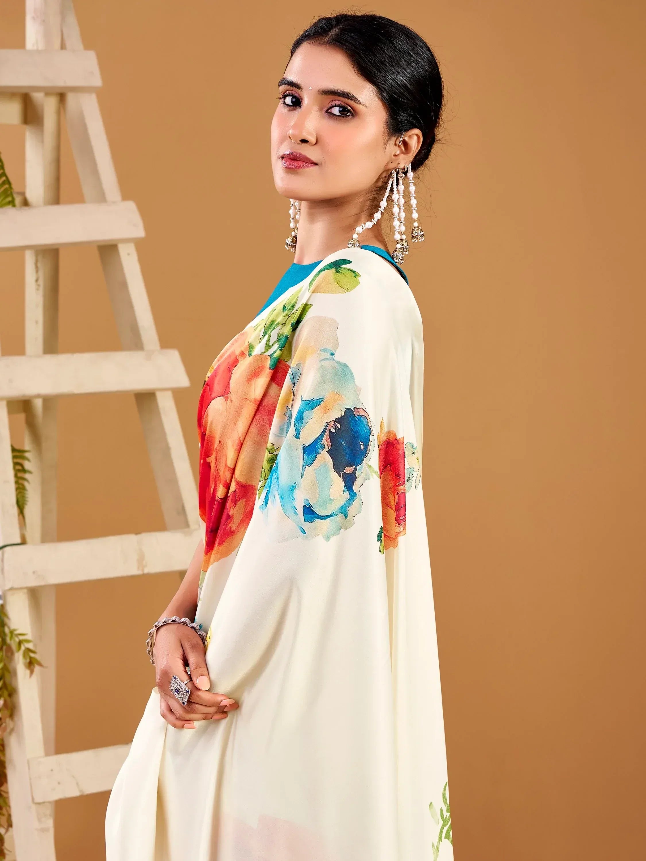 Beautiful White Floral Printed Satin Casual Wear Saree With Blouse