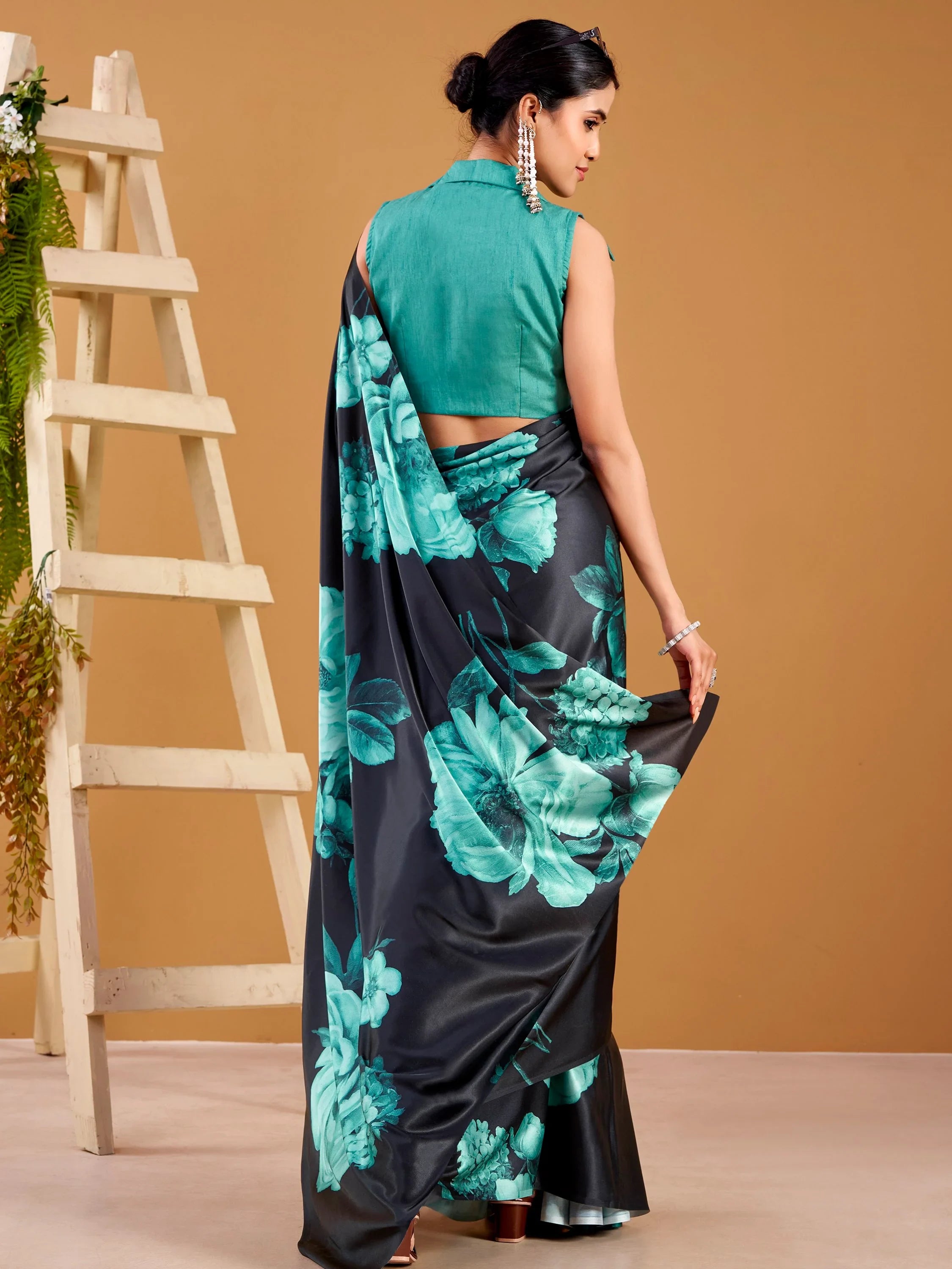 Awesome Black Digital Printed Satin Event Wear Saree With Blouse