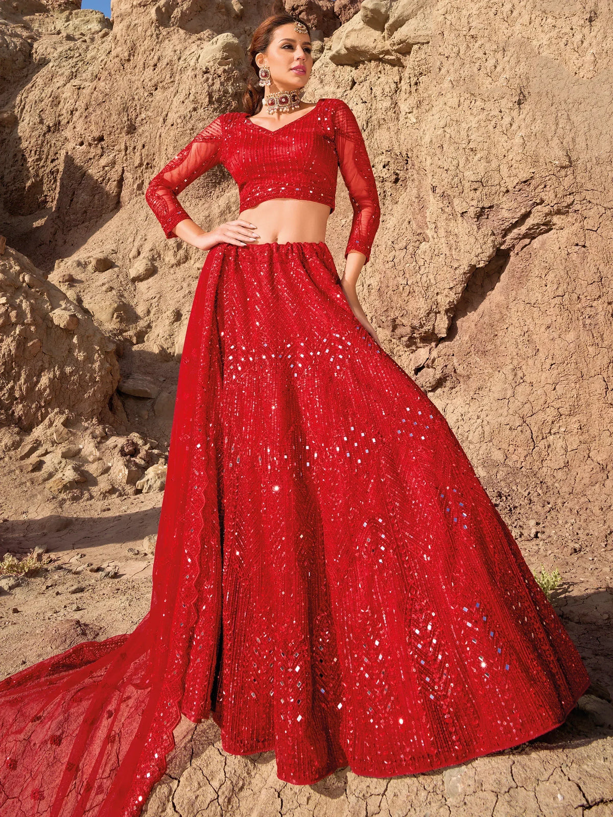 Red sequined lehenga choli with sheer sleeves, perfect for Indian ethnic wear and festive occasions.
