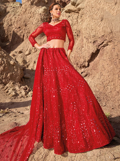 Beautiful Red Sequins Net Reception Wear Lehenga Choli With Dupatta