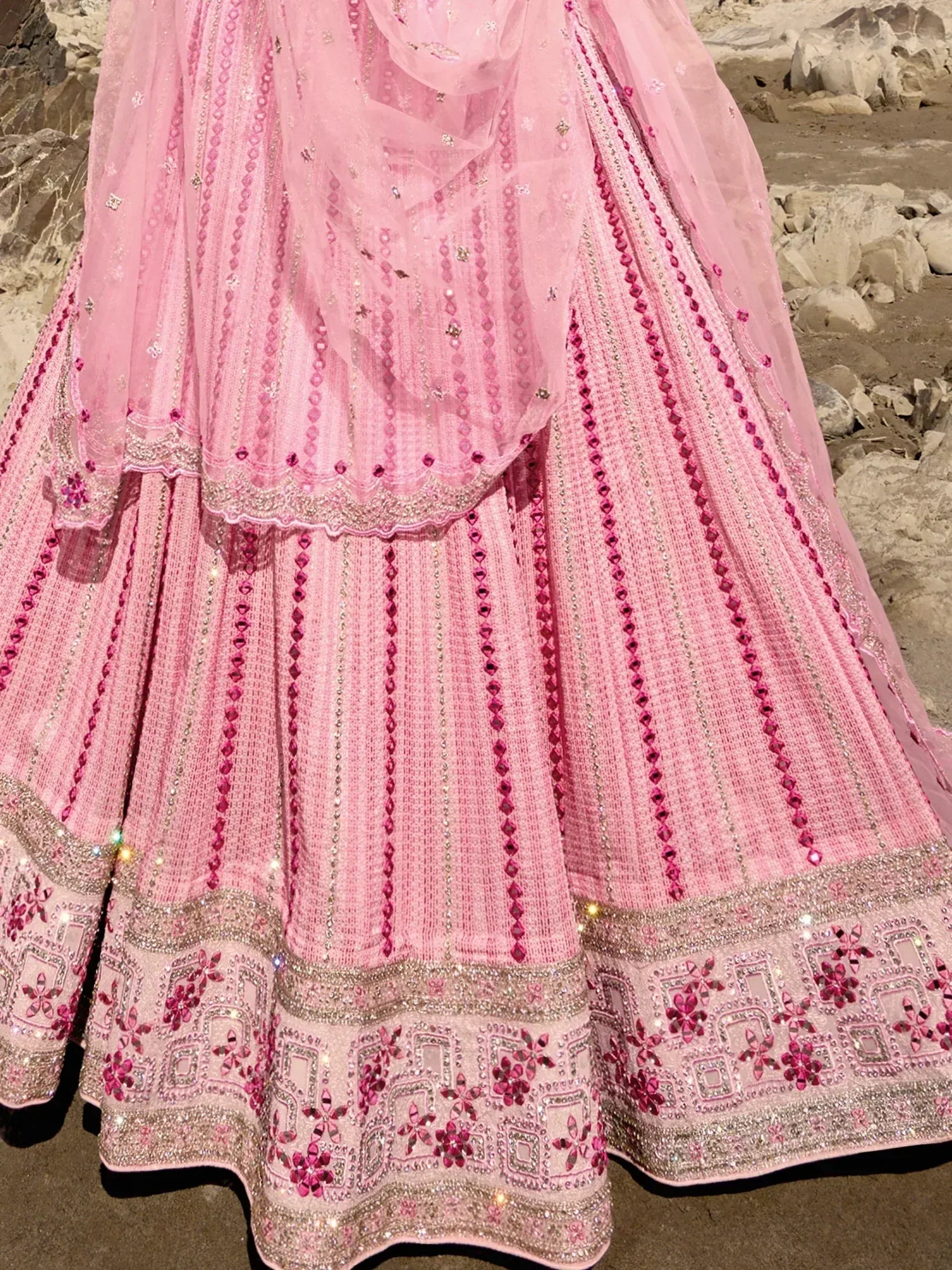Gorgeous Baby Pink Mirror Work Georgette Wedding Lehenga Choli