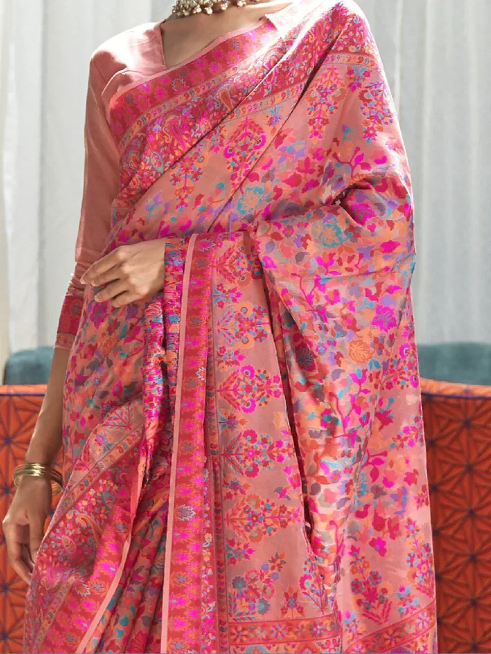 Pink floral printed saree with matching blouse, ethnic Indian wear for women